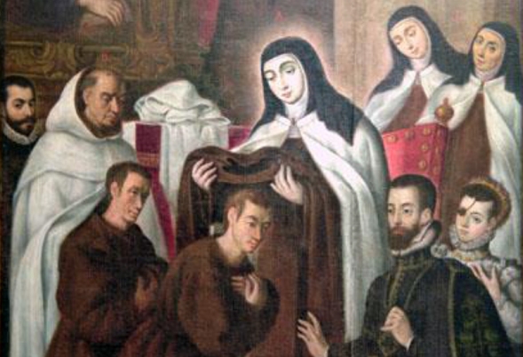 "Santa Teresa de Jesús da el hábito a Juan Narduch y Mariano Azzaro". Detalle. Óleo sobre lienzo. Museo Franciscano. Pastrana.